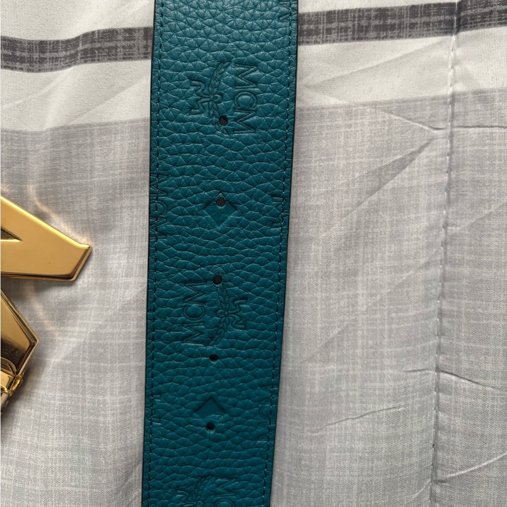Luxury MCM Teal Leather Belt with Gold Buckle - Picture 5 of 7